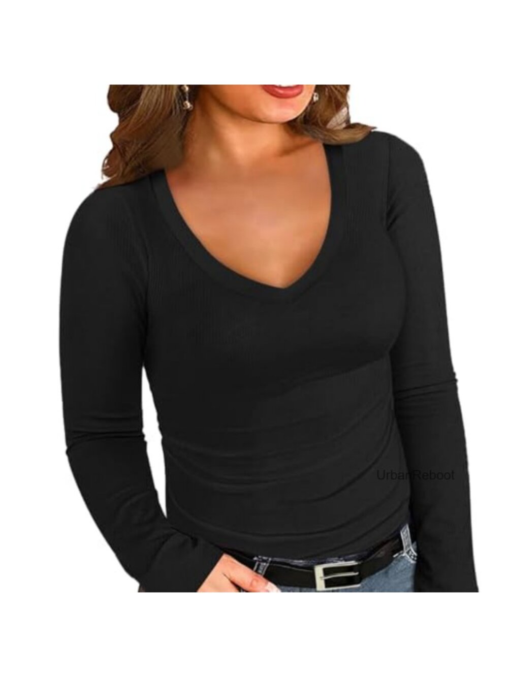 Ribbed V Neck Long Sleeve Fitted Tunic Top